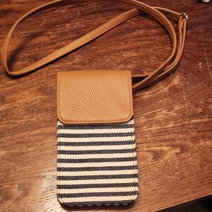 Thirty-One Tan and Navy Striped Crossbody Bag